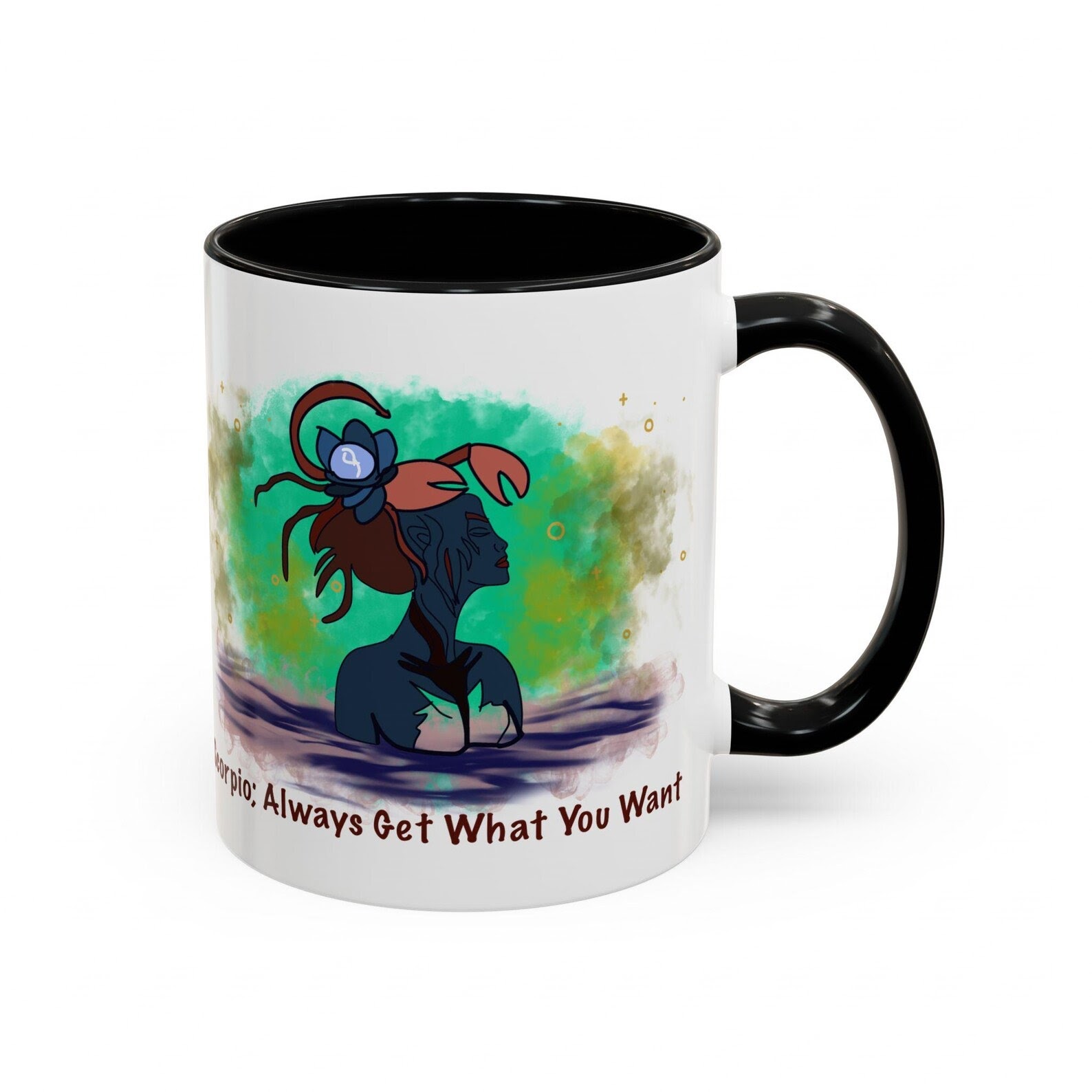 Mug with artistic Scorpio zodiac sign and text Always Get What You Want